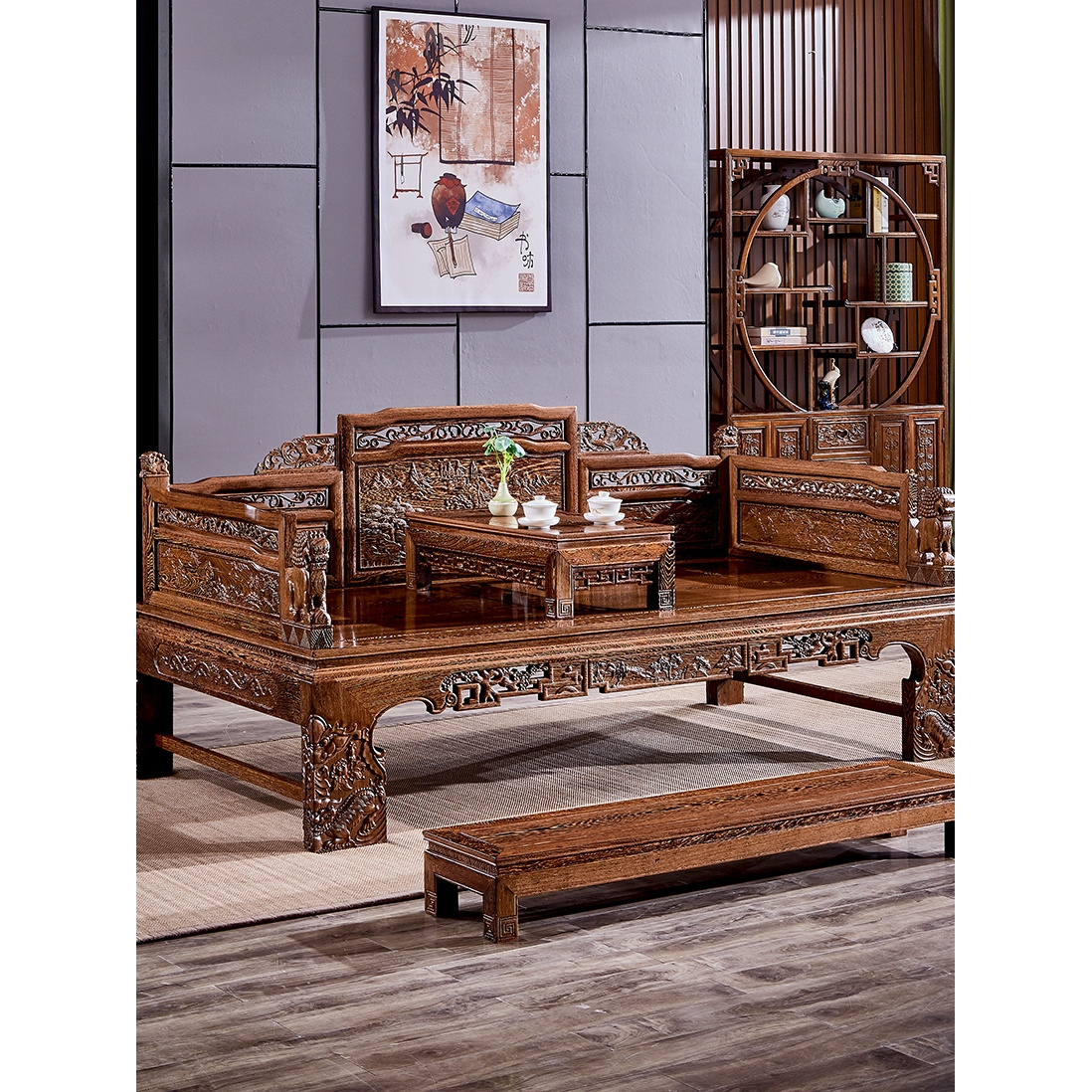新款狮子罗汉床鸡翅木实木雕花仿古罗汉塌客厅三人位
