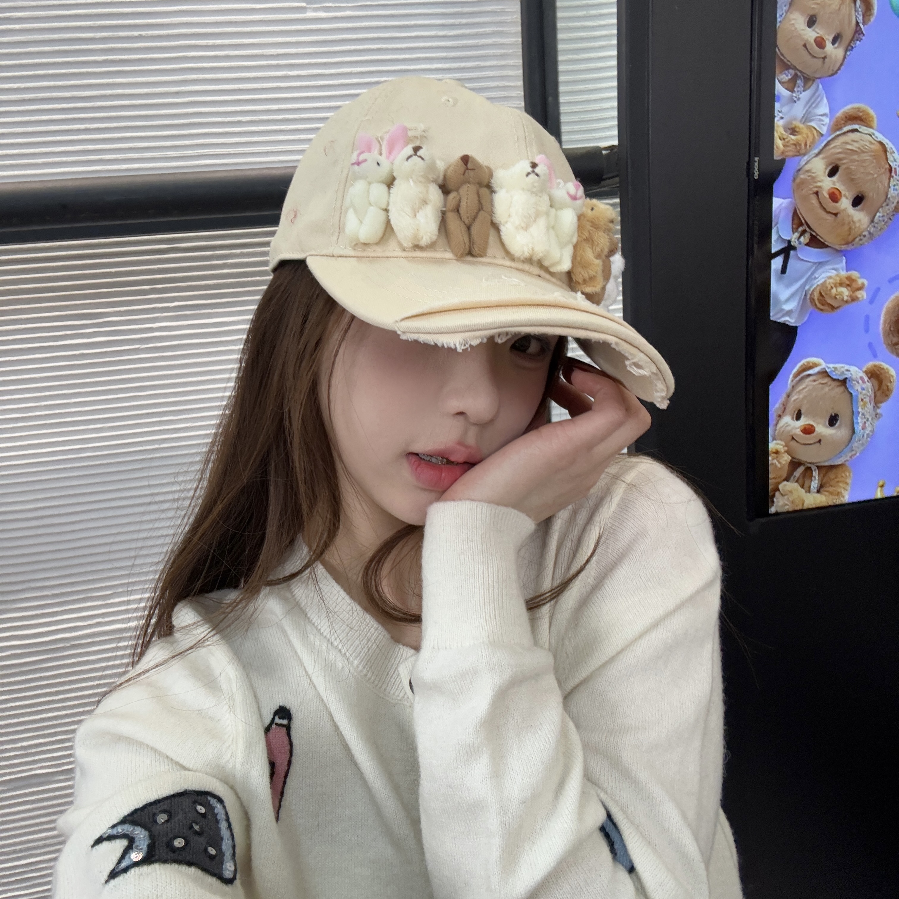 可爱立体毛绒小熊棒球帽子男女同款双层帽檐休闲显脸小百搭鸭舌帽