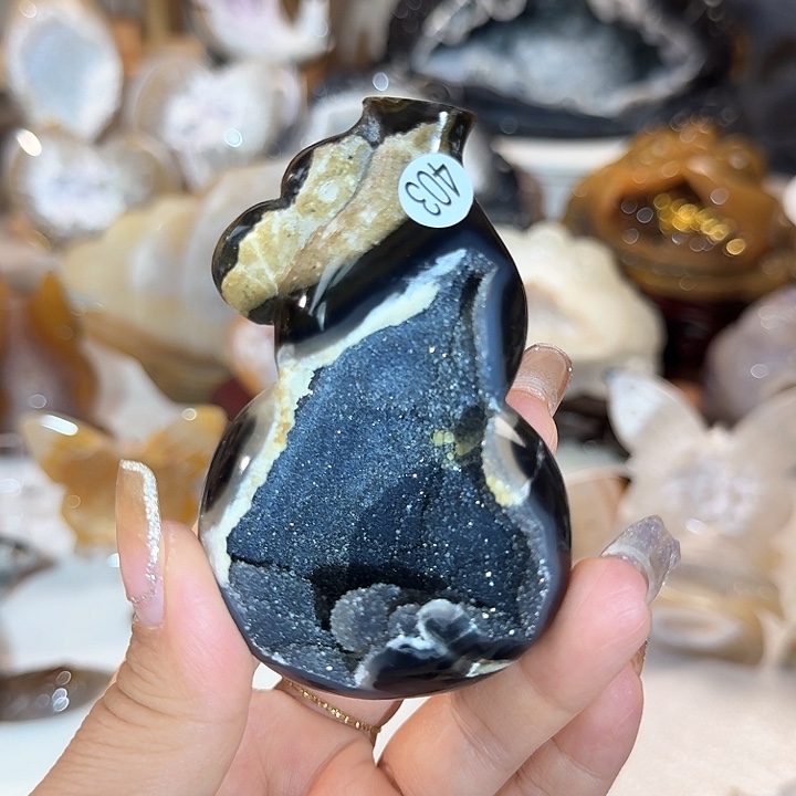 玛瑙/玉髓无未镶嵌九眼黑色双葫芦