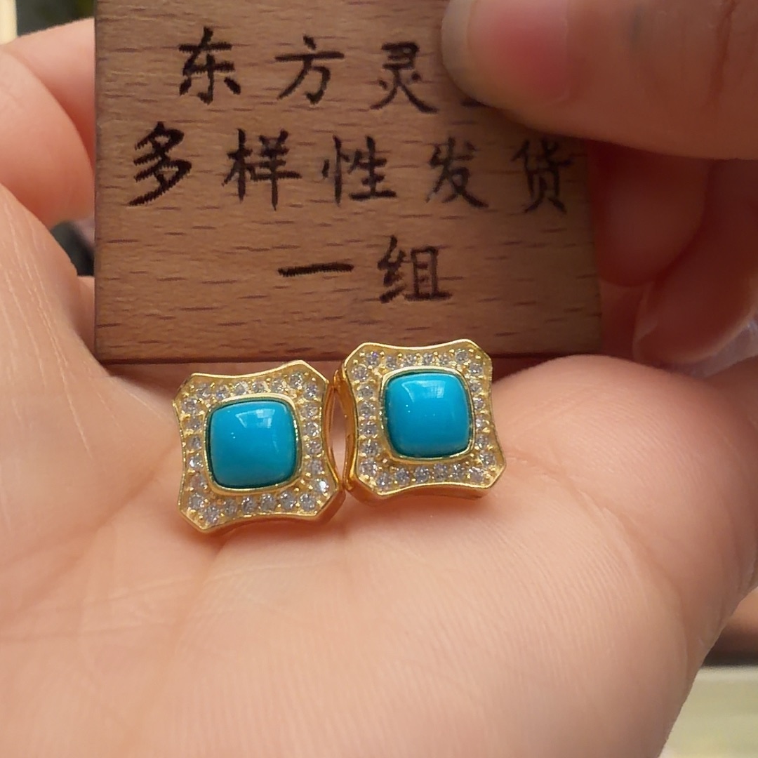 绿松石银S925镶嵌耳饰