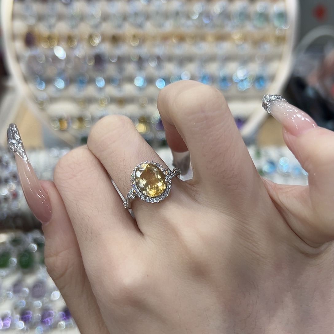 ****e黄晶戒指银S925镶嵌