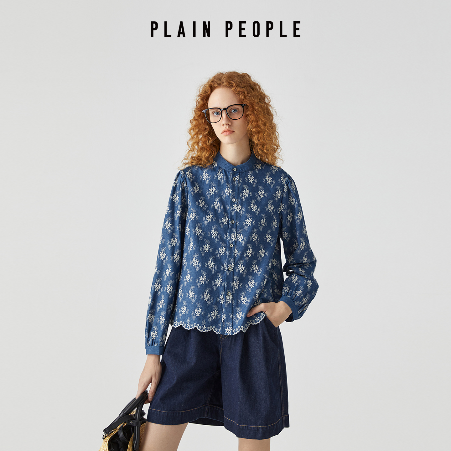 PLAIN PEOPLE【青花瓷绣花】新中式立领牛仔衬衫上衣女蓝色2025秋