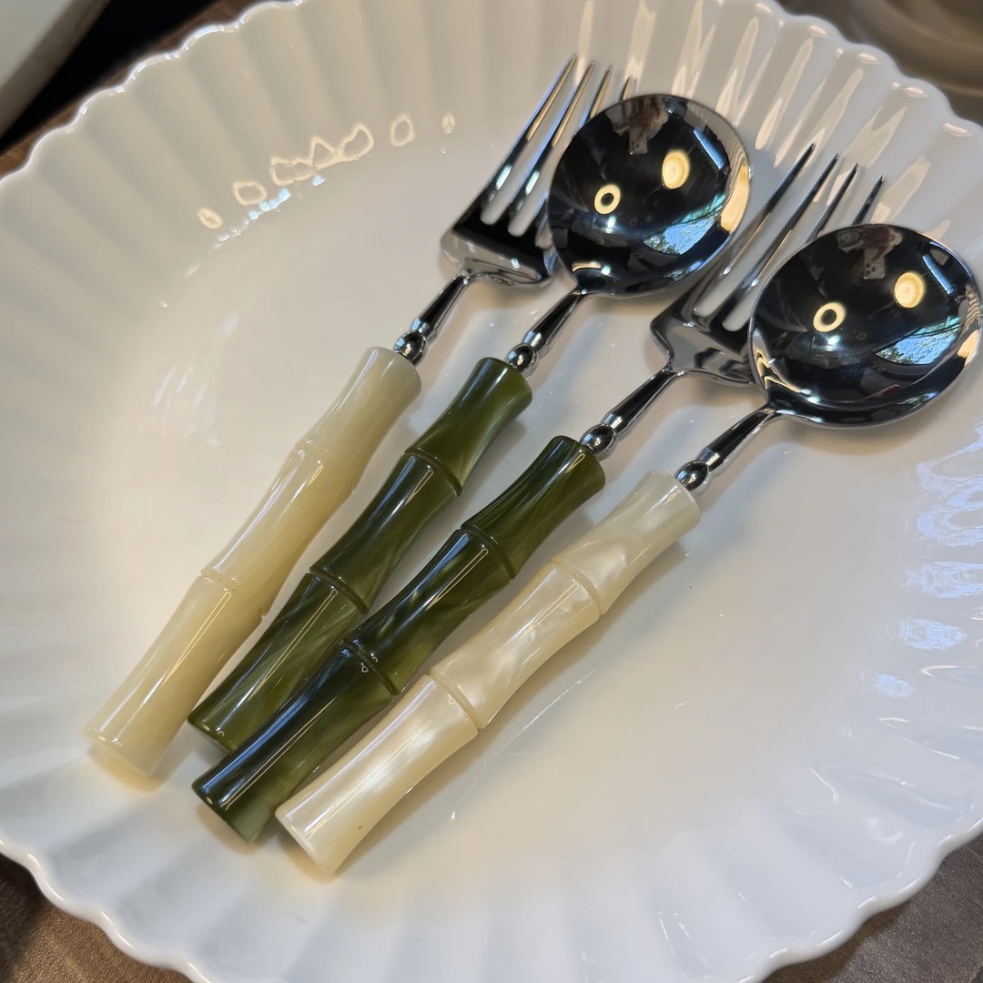 304不锈钢竹节手柄翡翠绿色象牙白亚克力餐具圆勺