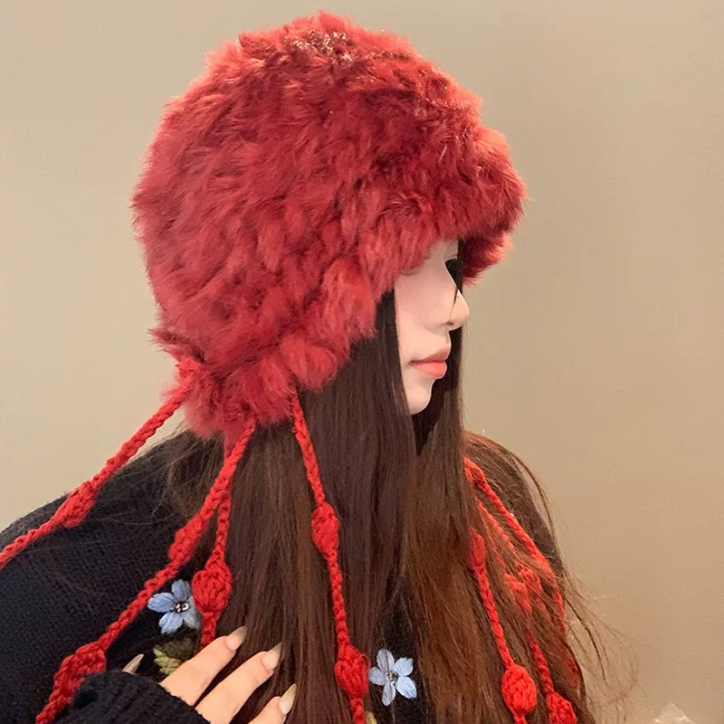【宫佩Cocoa小苏】红色兔毛针织毛绒帽女冬季韩版显脸小流苏护耳帽