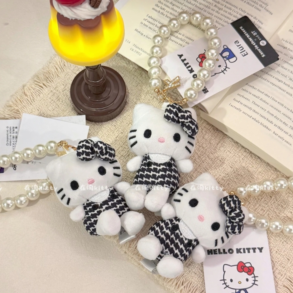 Hellokitty×Elura联名珍珠链条千鸟格kitty毛绒包包挂件挂饰