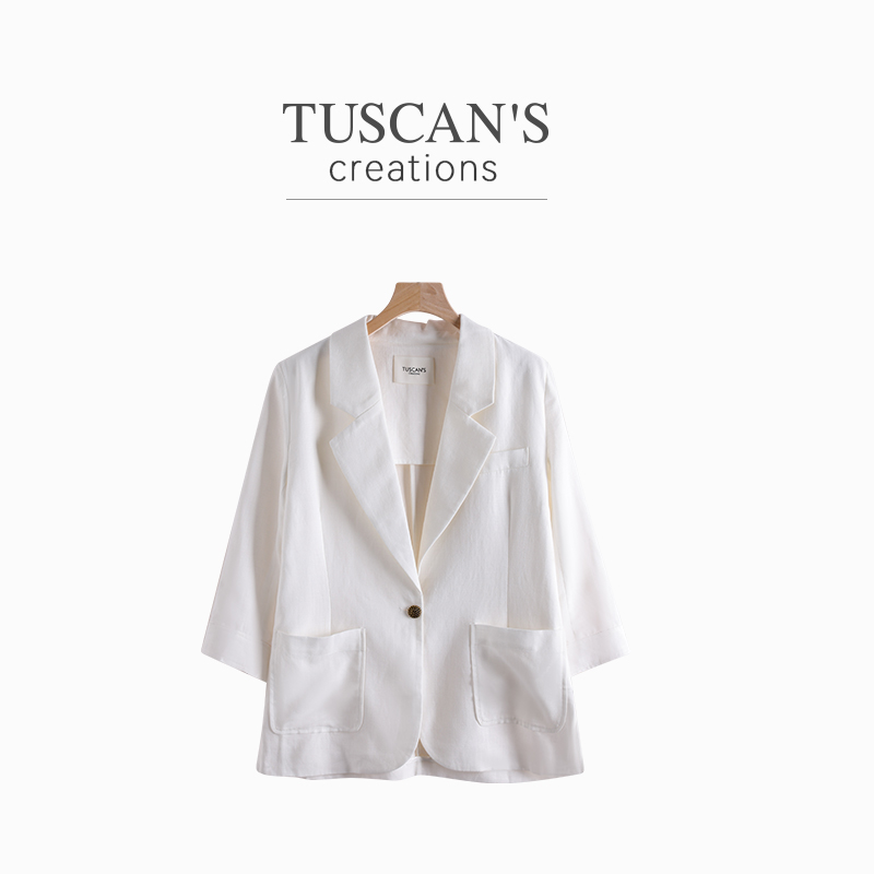 TUSCAN'S CREATIONS新款轻职风宽松白色七分袖V领小西装双鱼女装