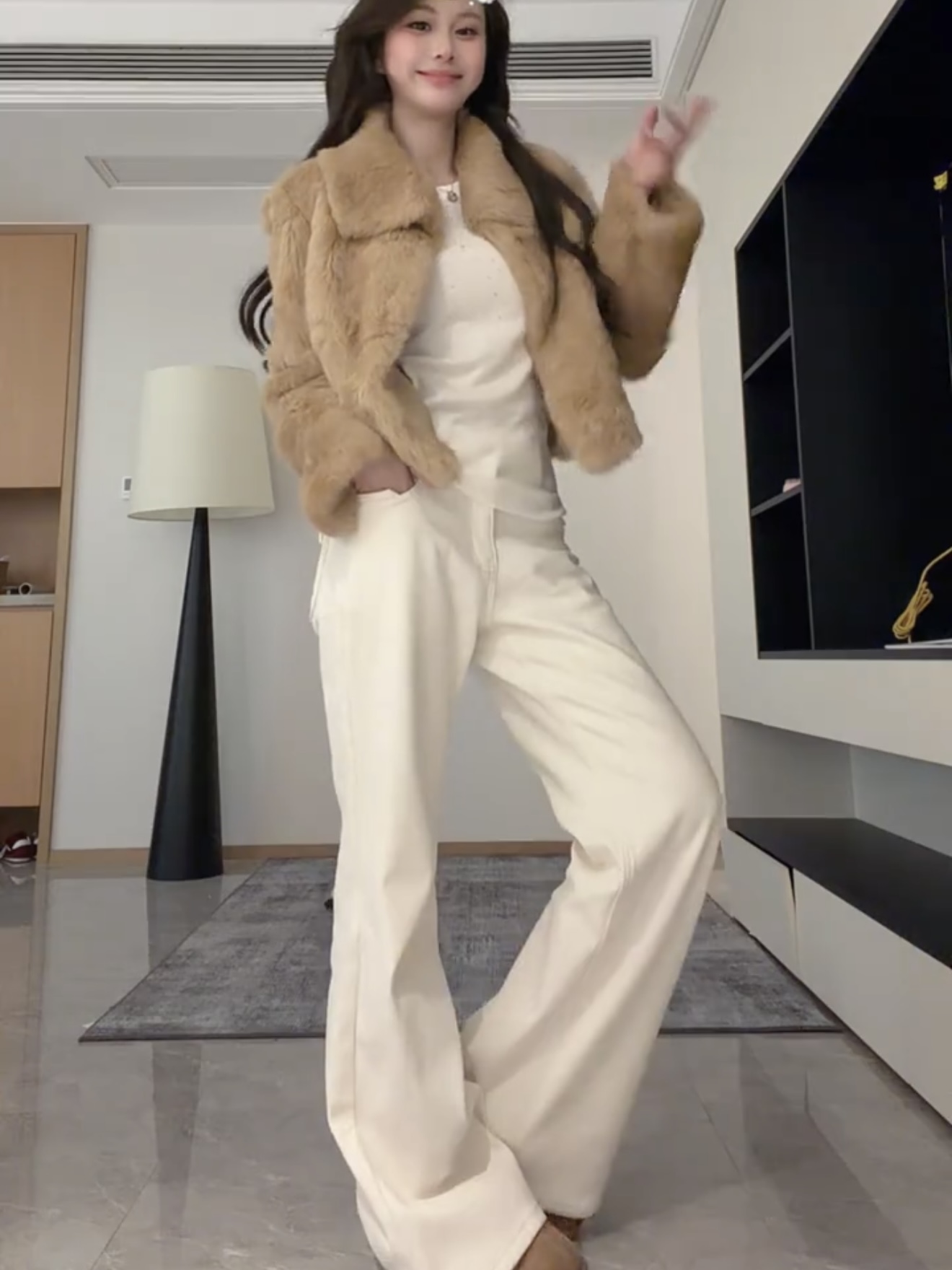 【沐沐】冬季加绒保暖贴钻白色牛仔裤