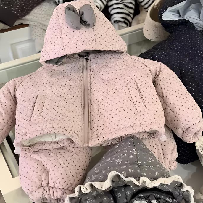 女童四层加厚冬装碎花家居服套装冬季加厚连帽可外穿睡衣两件套