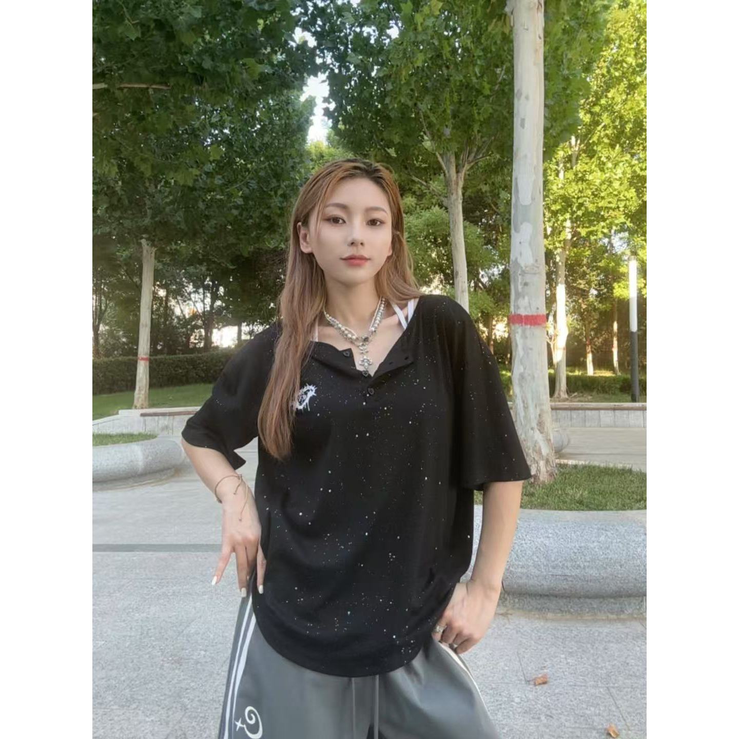 【达人专属】CV新广场舞潮牌绑带细闪爱心罩衫显瘦宽松夏季时尚百搭