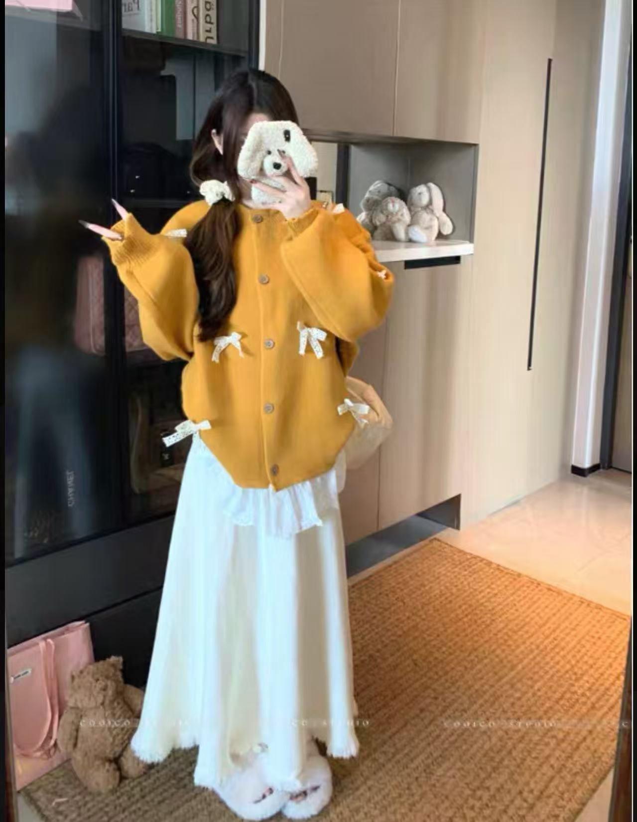 大码胖mm蝴蝶结外套秋季新款蕾丝拼接开衫遮胯半身裙显瘦套装