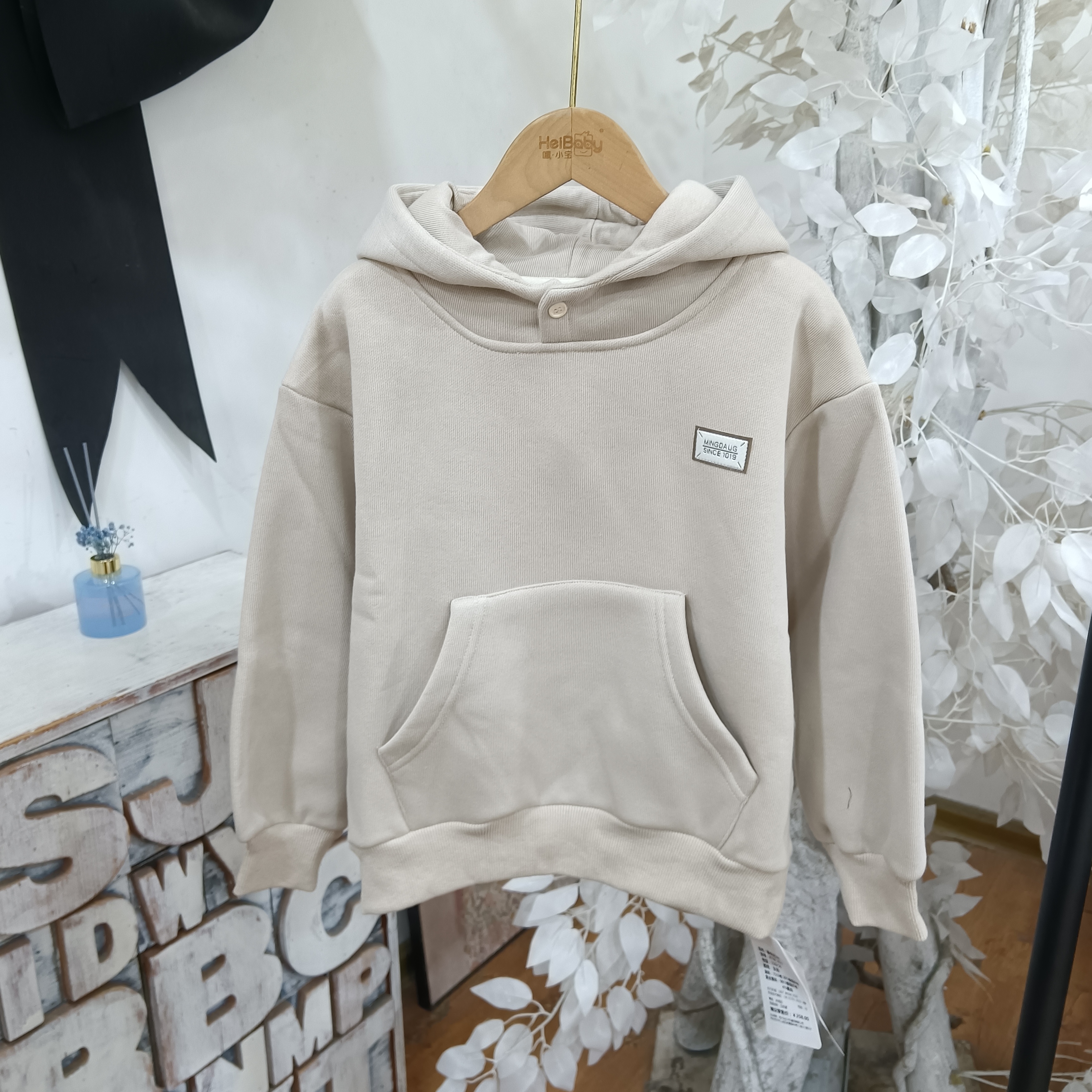 M537杏色一体绒带帽卫衣童装/喵可