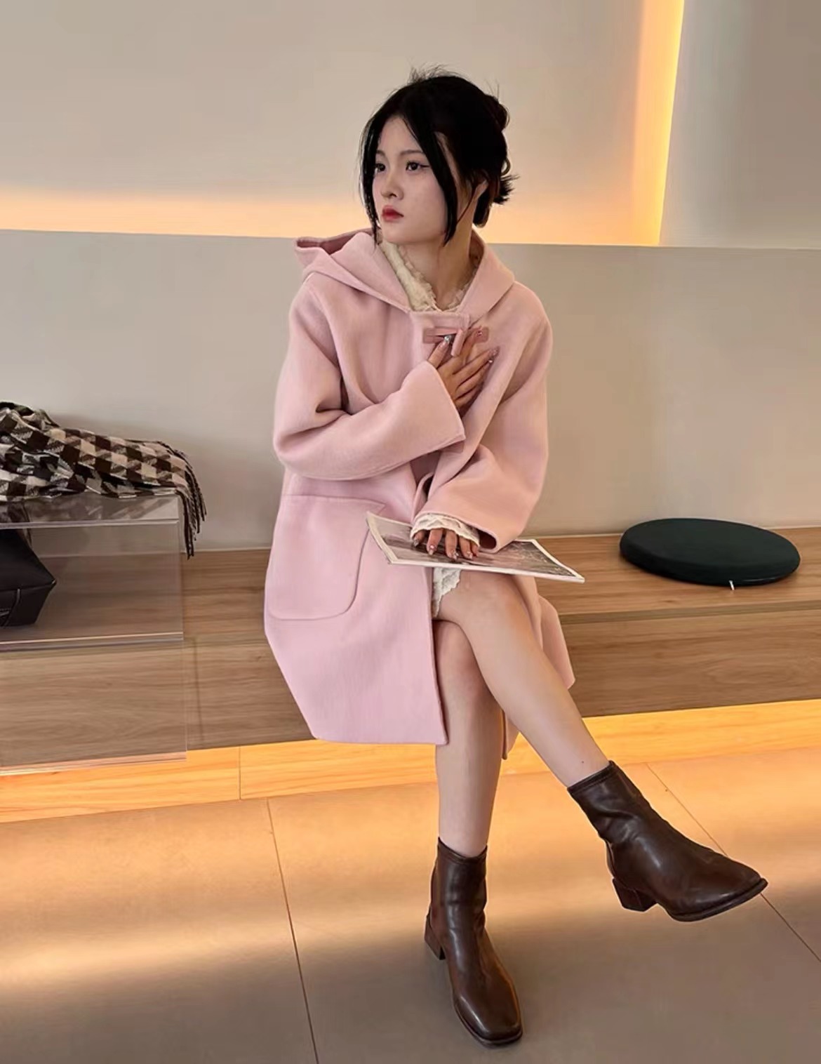 【格一专场专属】轻职风长款法式厚款连帽毛呢外套双面气质23208