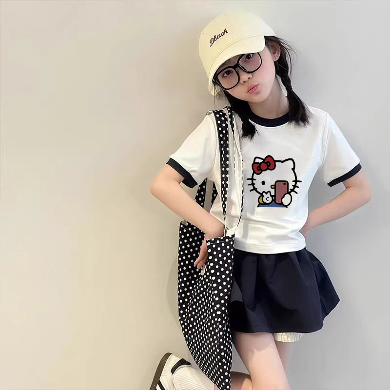 女童夏装短袖卡通印花T恤2025新款洋气修身短款半袖儿童薄款上衣