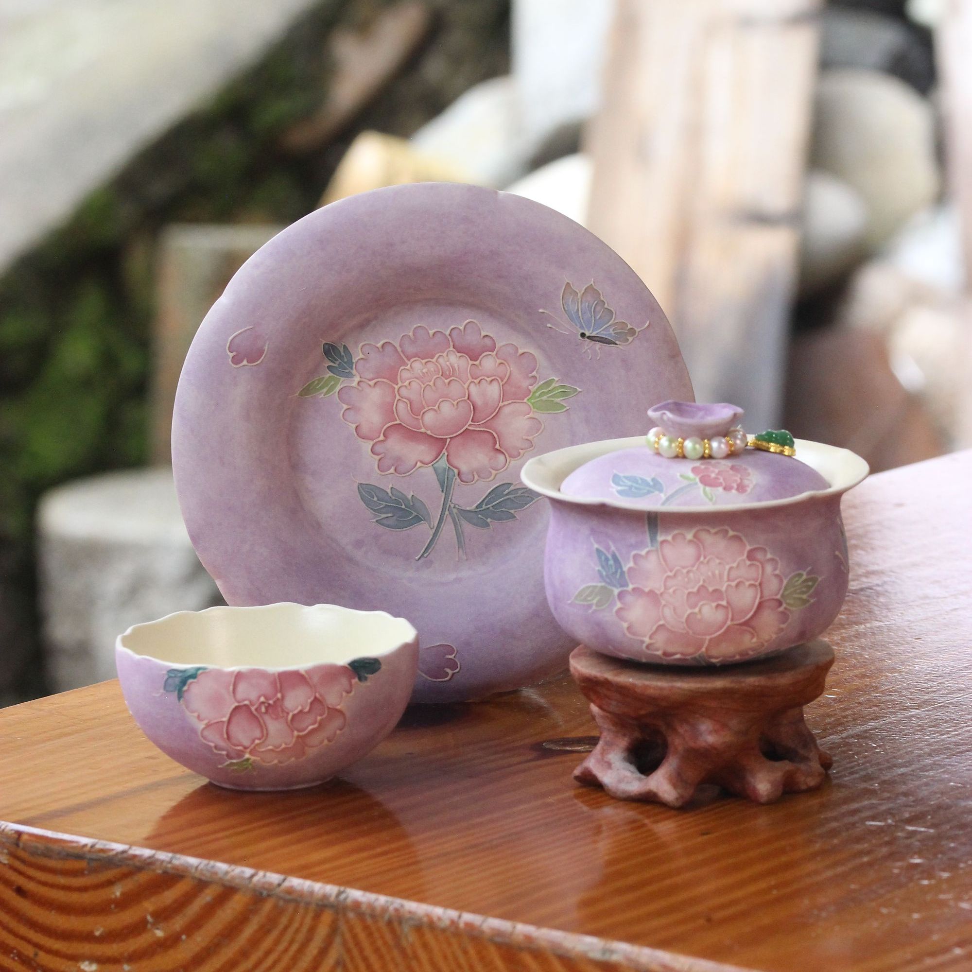 亘古粉引牡丹紫烟普洱杯荷盏杯女士品茗功夫茶具盖碗泡茶壶承喝茶