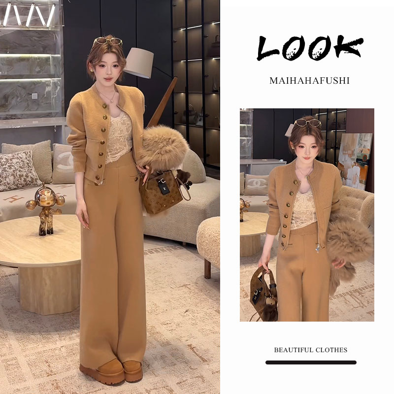 冬季一整套女装2025新款韩版时尚短款针织开衫蕾丝吊带阔腿裤套装