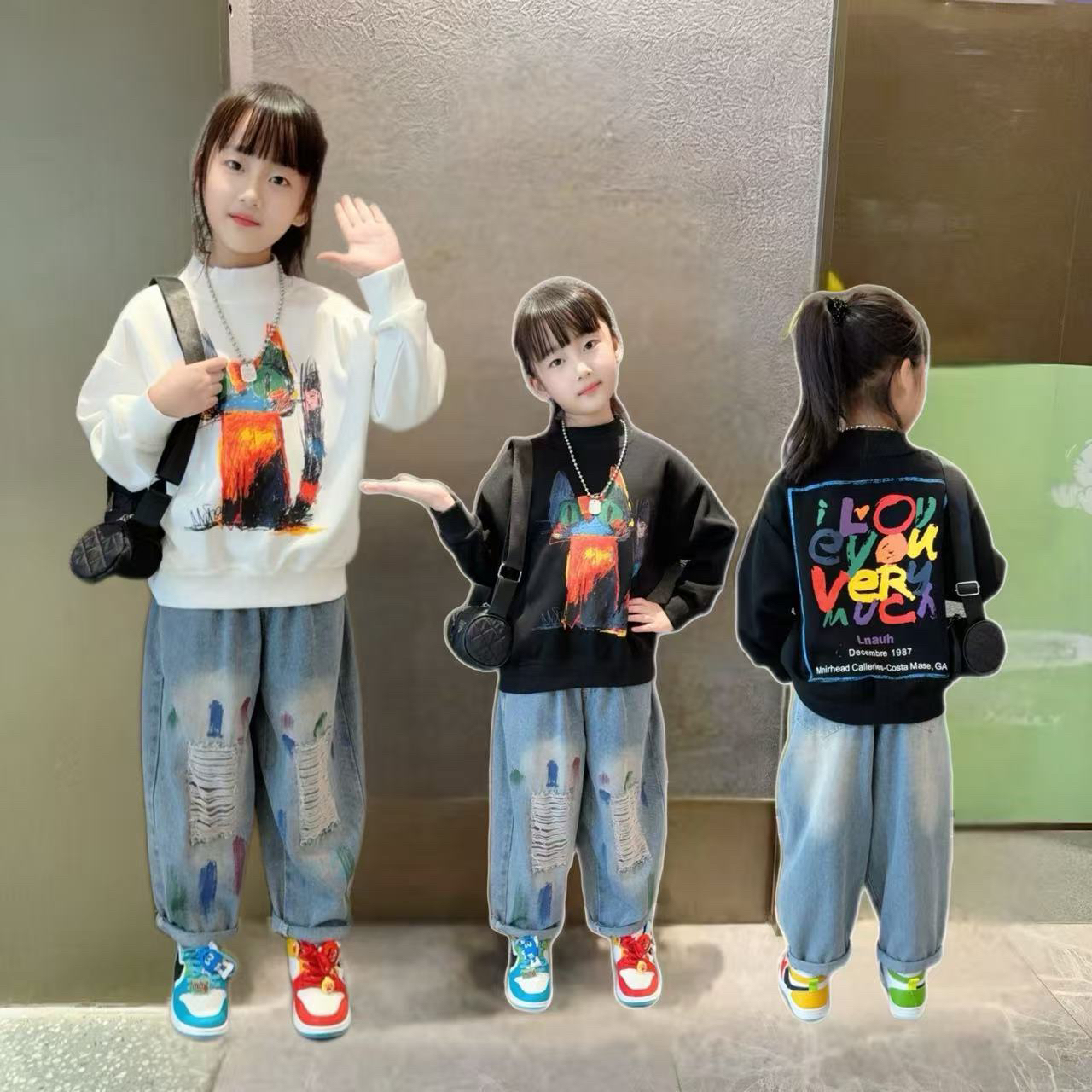 潮酷涂鸦猫咪印花圆领卫衣女童春秋新款时髦儿童破洞牛仔裤两件套