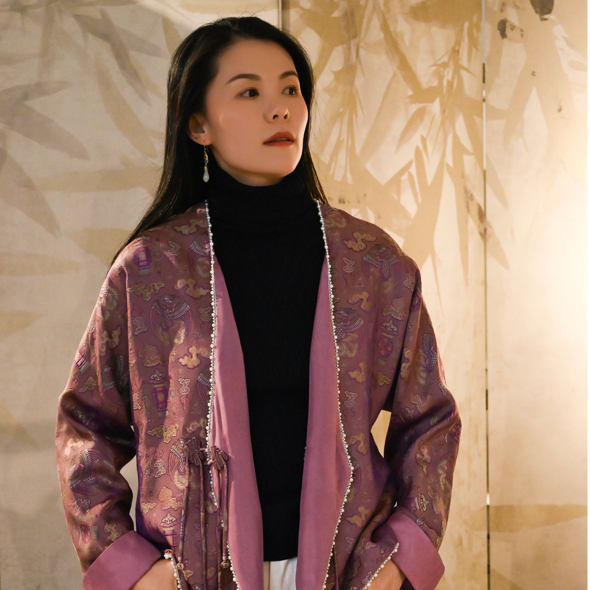 了了李唐锦域｜交领凤鸟祥云唐锦珍珠滚边双面穿外套新中式中国风