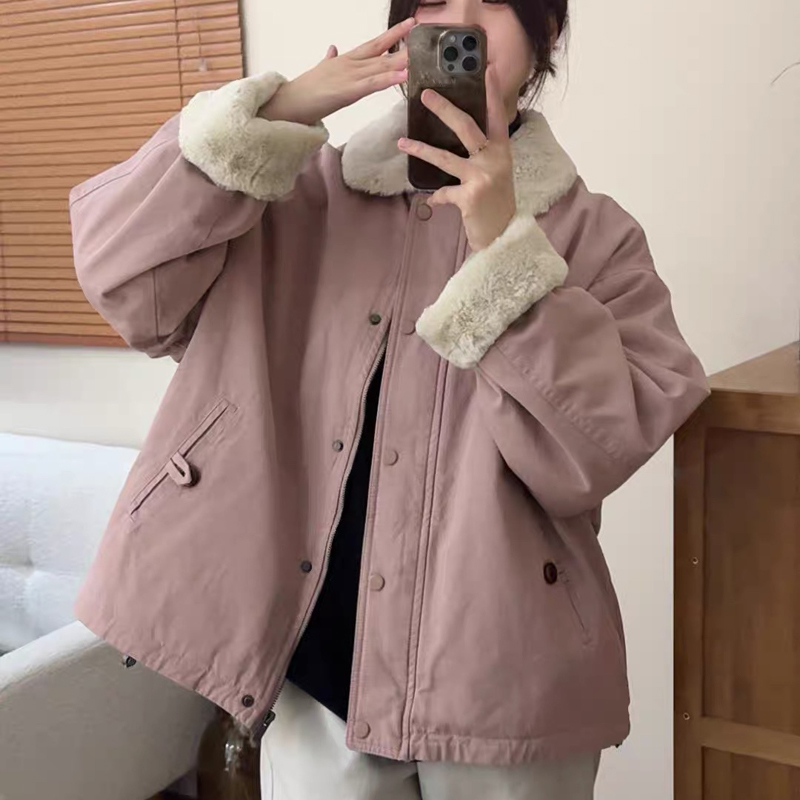 韩系软糯内里全毛羊羔毛翻领棉服慵懒风厚保暖棉衣冬季外套 7645