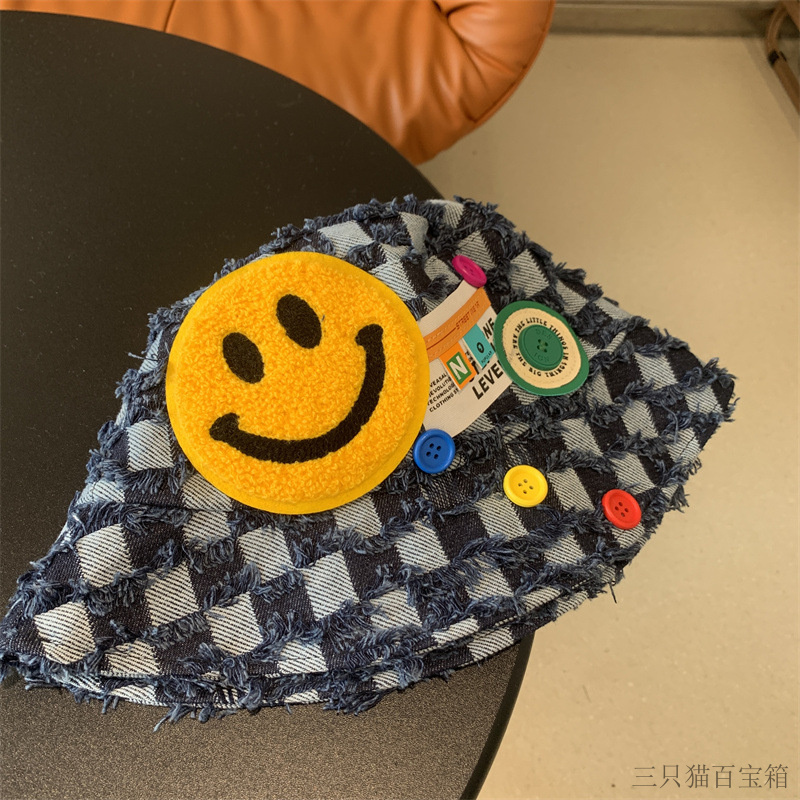 笑脸格子蓝色牛仔渔夫帽贴布潮纽扣毛边破洞盆帽ins遮脸帽子女