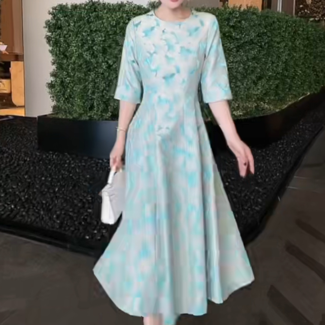 珍姐精选七分袖立领提花设计师时尚气质蓝色连衣裙