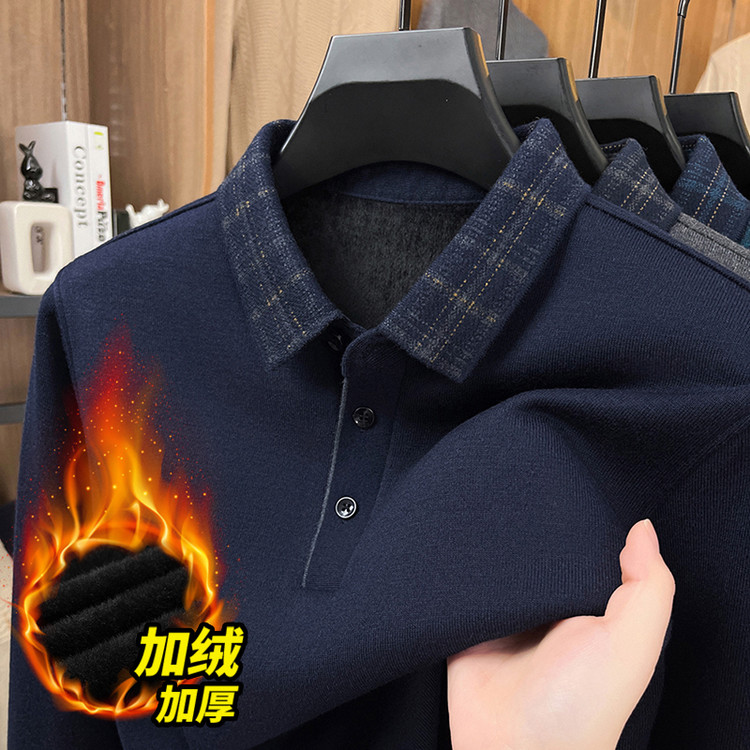 男士冬季翻领绵羊毛POLO衫加绒加厚商务休闲中老年一体绒保暖上衣