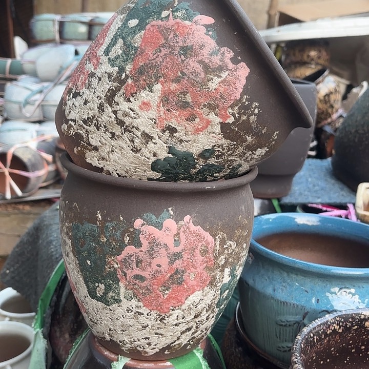 紫砂茶碗油画两个口径20高度20