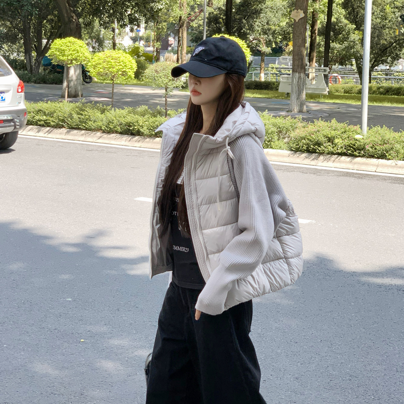 棉服女短款2025冬季新款假两件棉衣轻薄针织拼接韩版宽松冬装外套