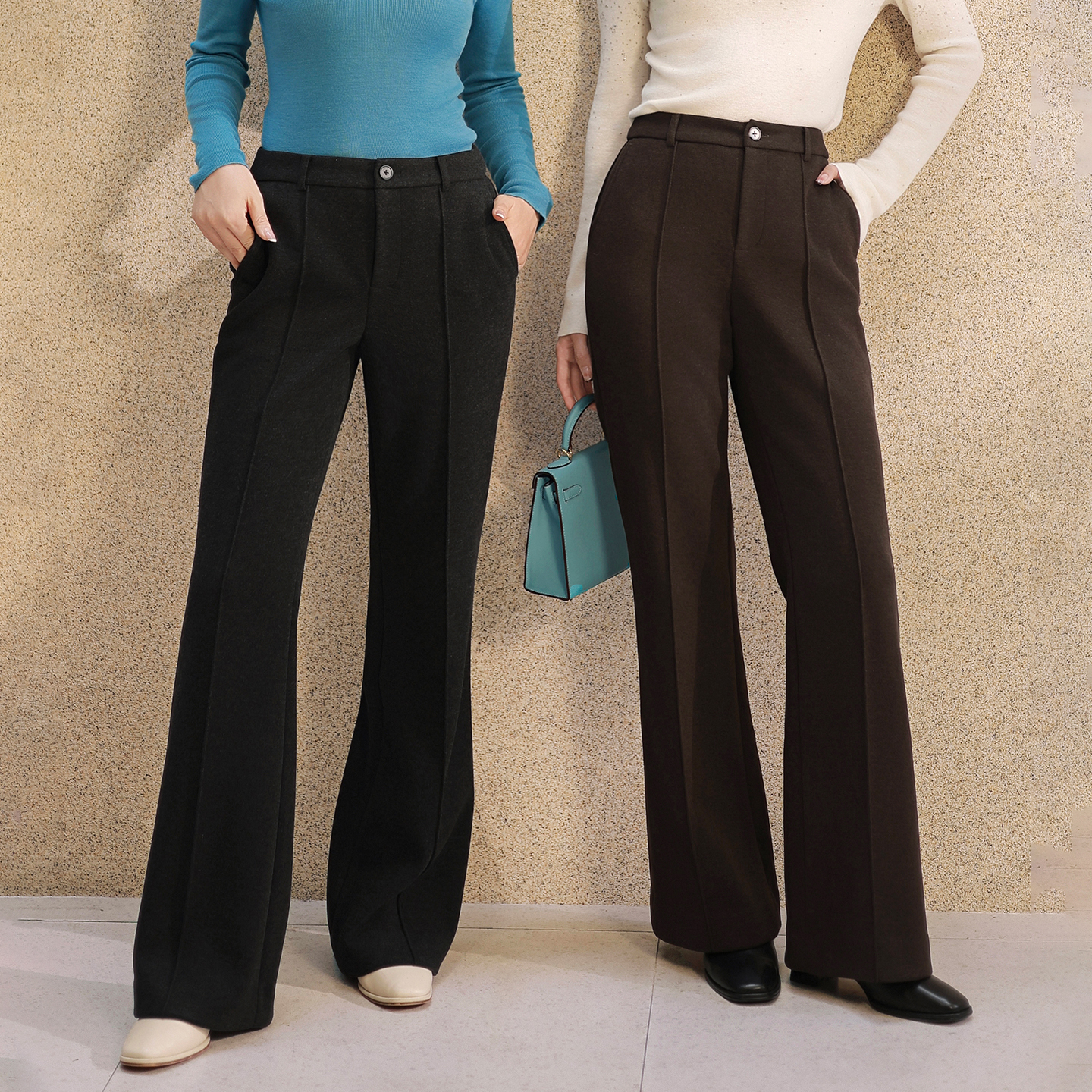 谭飞美腿线微喇裤秋冬季新款复古保暖直筒微喇针织休闲裤