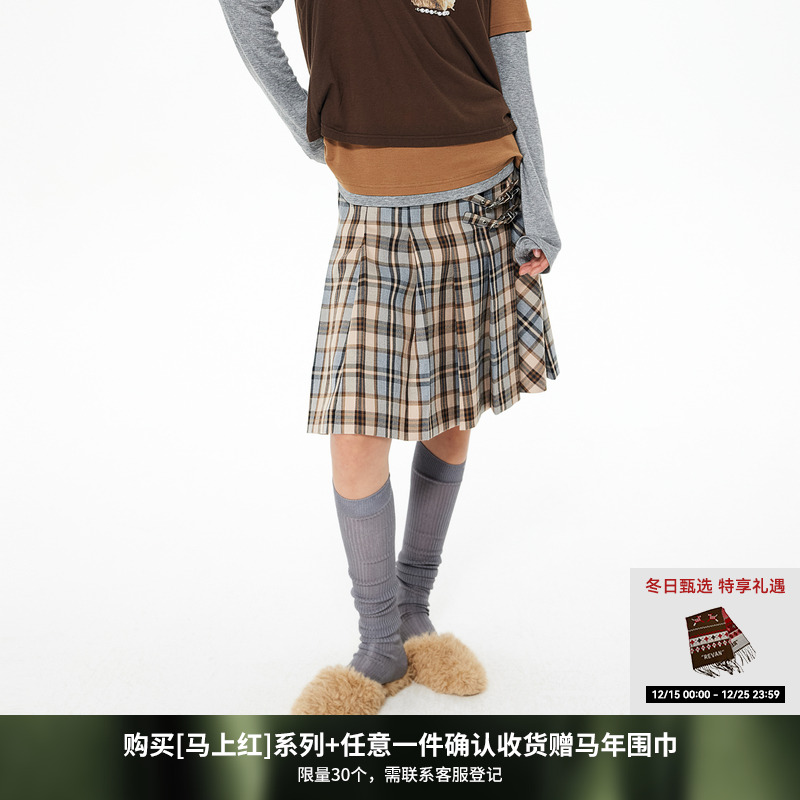 【欧阳娜娜同款】REVAN芮范冬季新学院风金属扣格纹中裙RL91503161