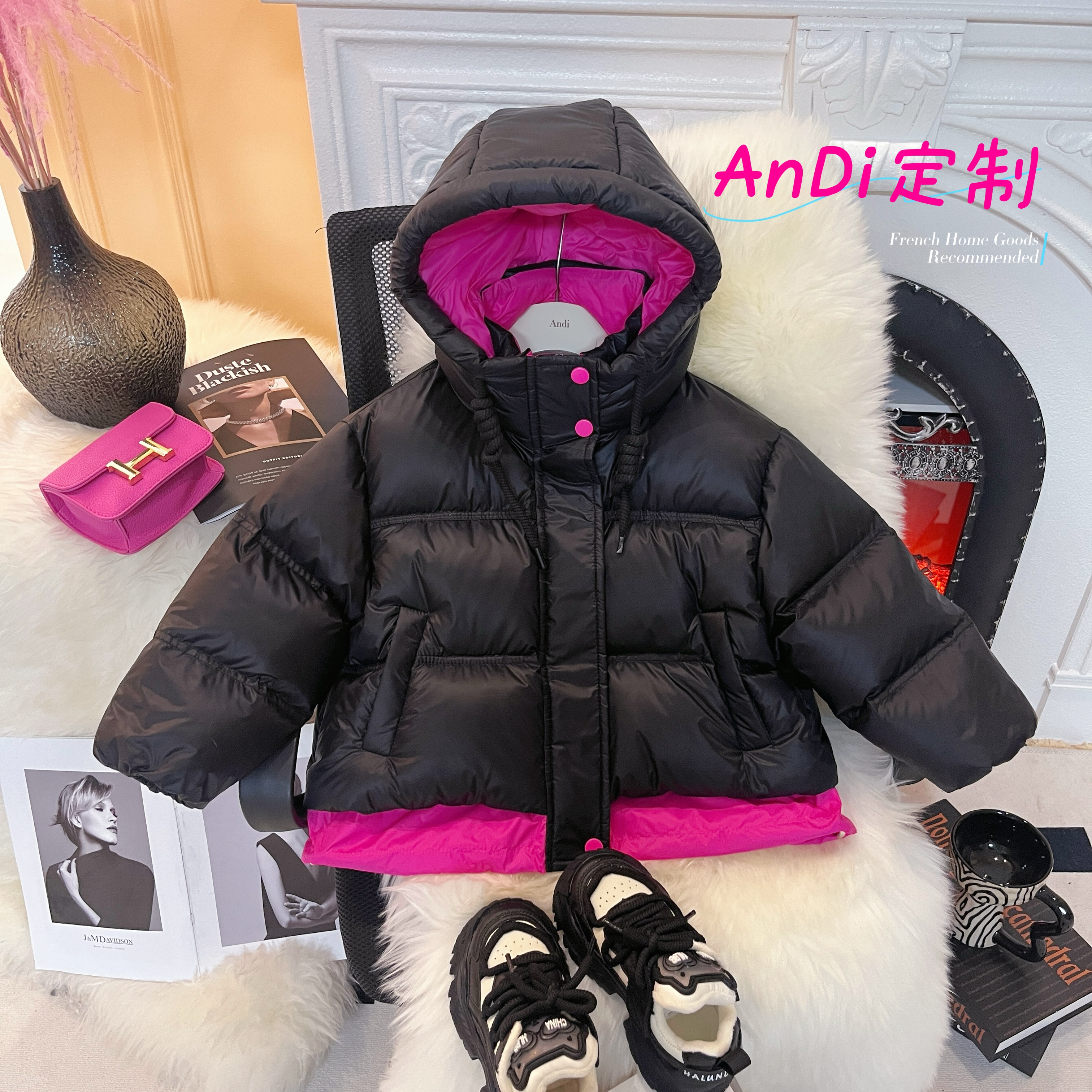 〖ANDI〗订制冬款新款中大童韩系百搭撞色拼色连帽羽绒服3355