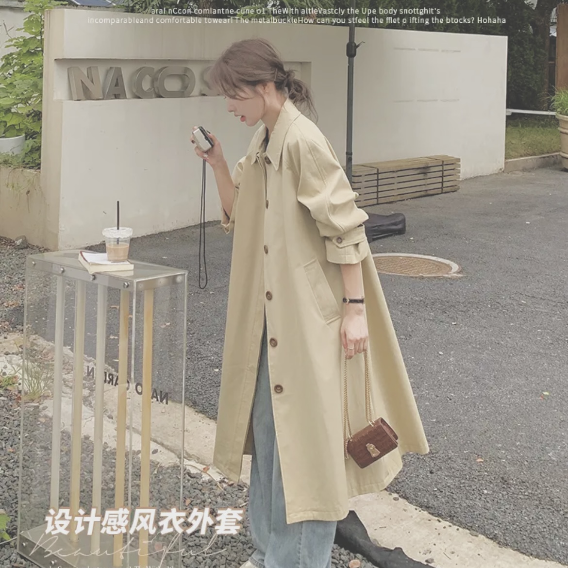 A006春秋新款韩系卡其色风衣外套女高级感气质显瘦流行中长款大衣