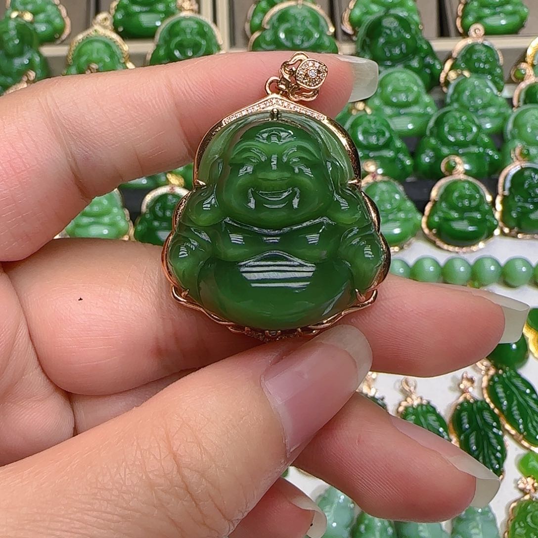 和田玉（碧玉）吊坠(不含链)18K金镶嵌