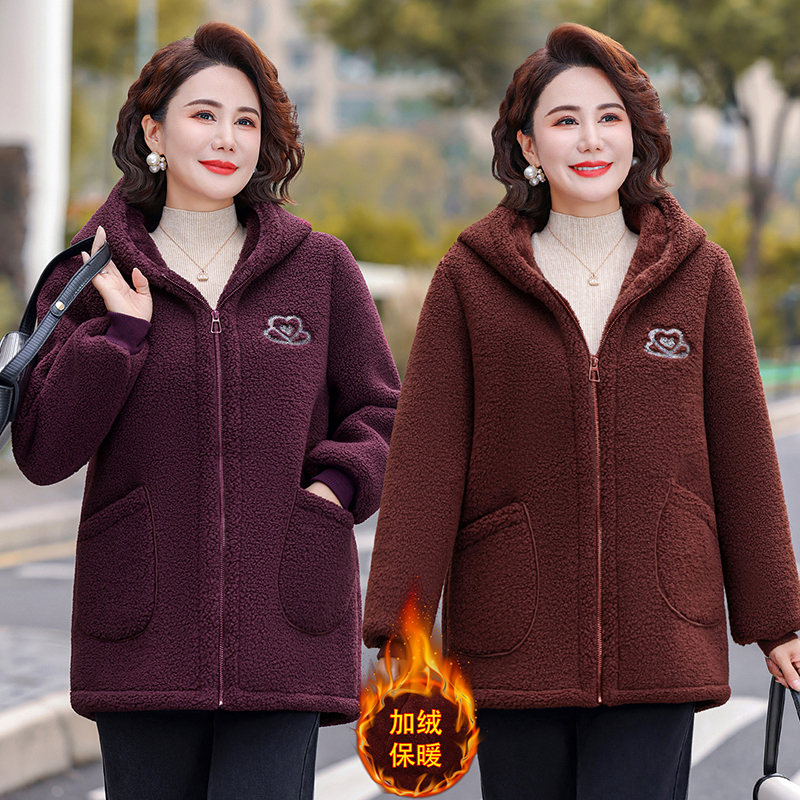 中老年女装冬装加绒加厚保暖外套妈妈秋冬季颗粒绒连帽棉衣棉服女