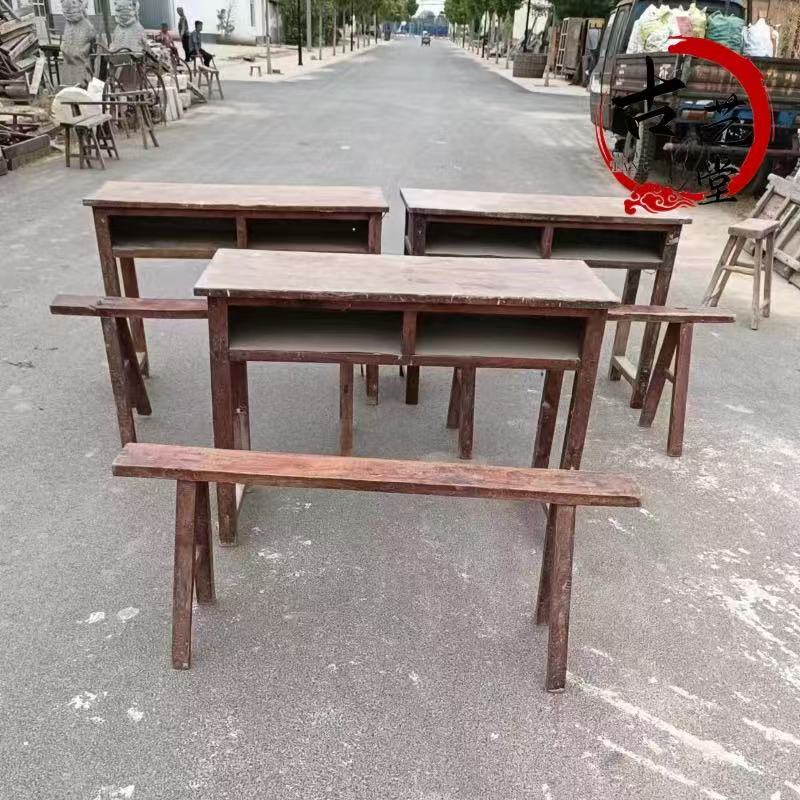 老物件书桌8090年代学生书桌板凳实木复古课桌办公桌椅子怀旧摆件