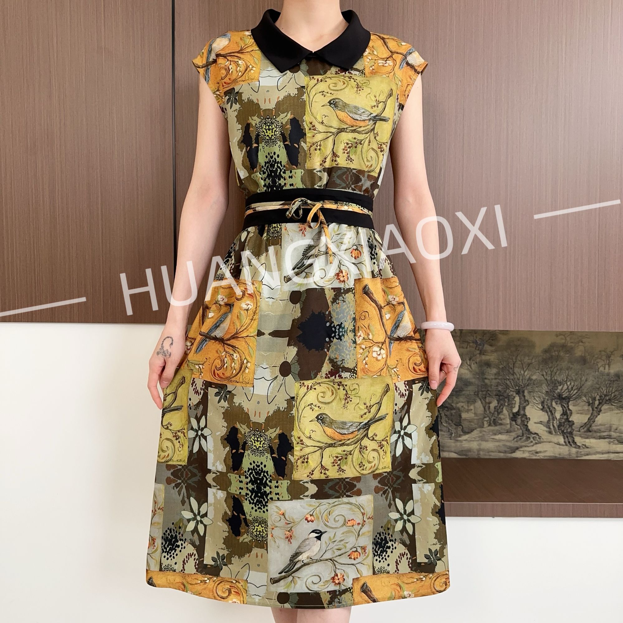 HUANGXIAOXI 巴洛克风艺术油画花鸟图优雅减龄连衣裙HXX-109