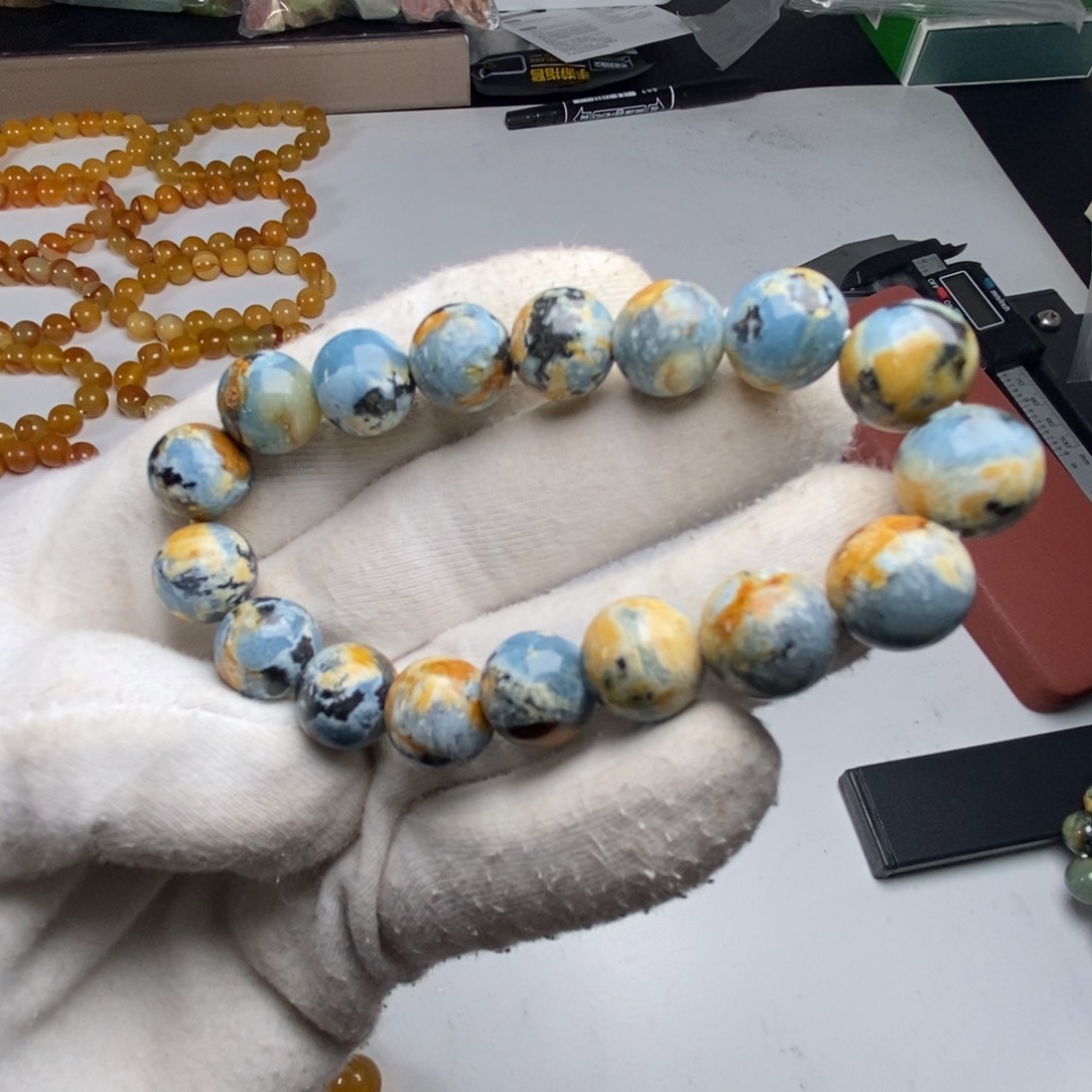 蛇纹石玉手链未镶嵌卡，12加地球蓝手串