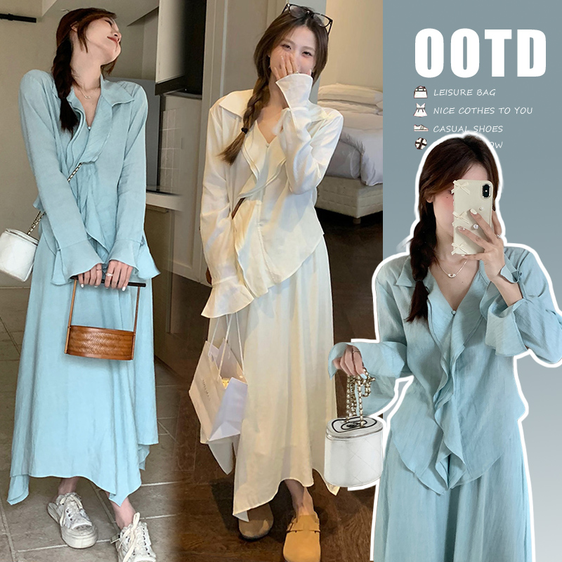 温柔孕妇套装春秋款外穿气质显瘦衬衫不规则垂感孕妇半身裙两件套