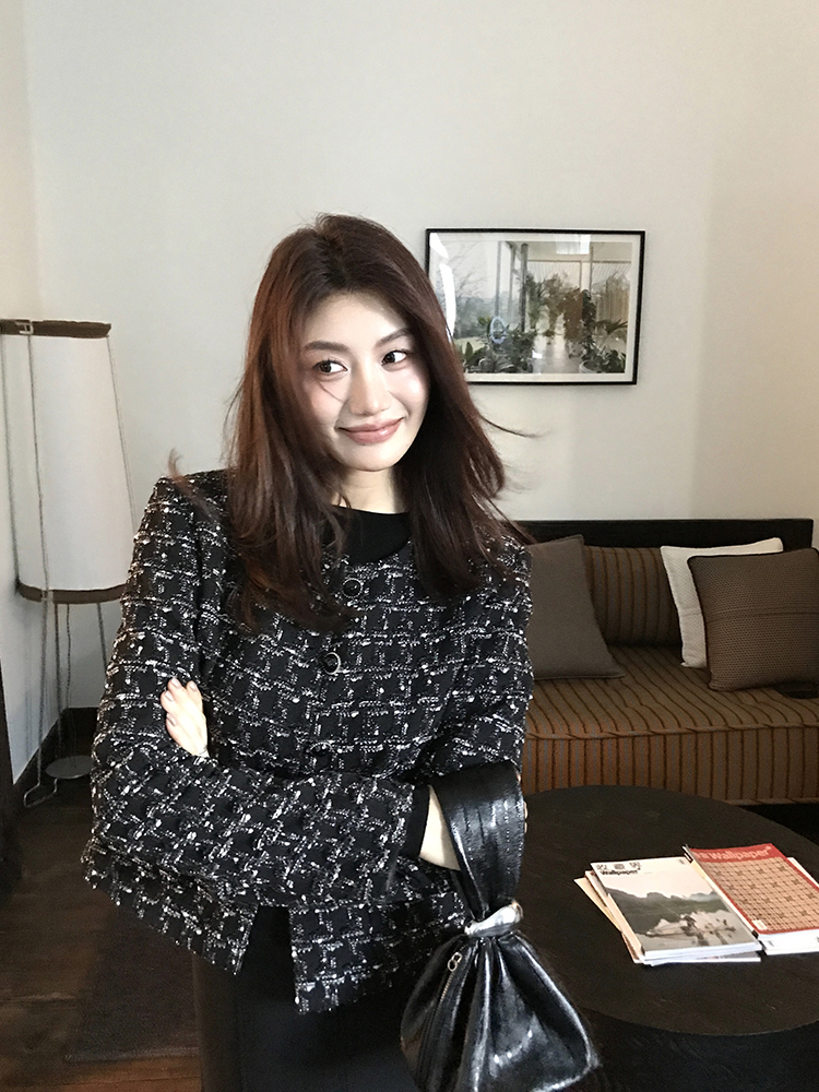 复古小香风外套女2025秋季短款格纹气质百搭圆领黑色上衣