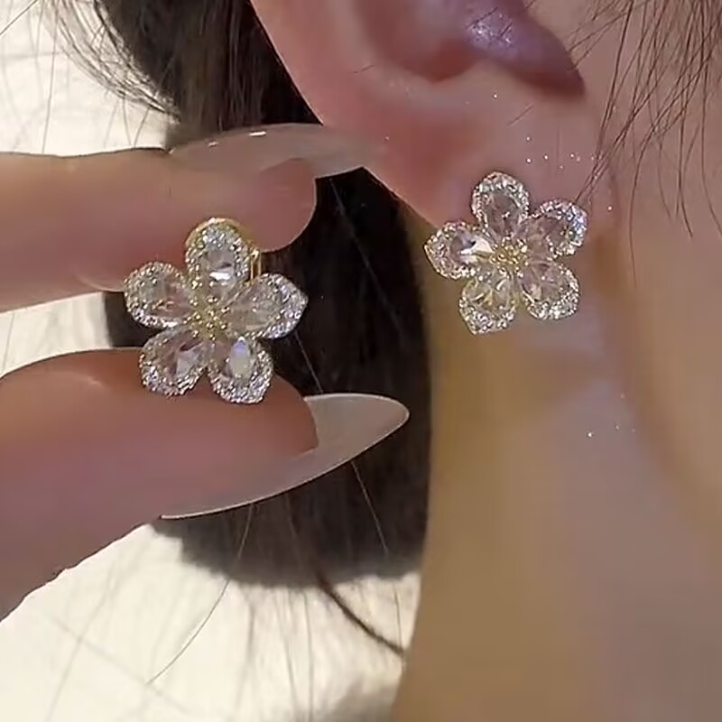 铜合金合成锆石耳饰 法式甜美气质清新淑女花朵免摘养洞耳钉27号
