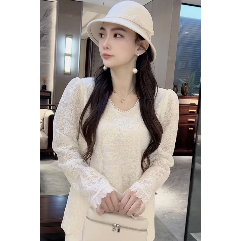 2628#新中式时尚国风圆领钉珠洋气气质镂空长袖