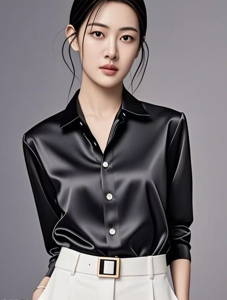 法式轻奢高级感黑色长袖衬衫春季新款通勤缎面防晒衫上衣女设计感