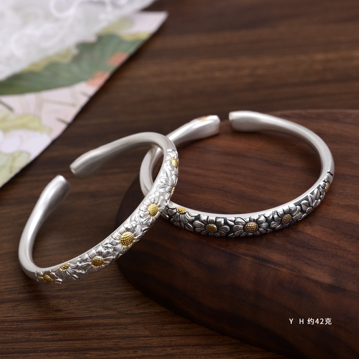 足银手镯 999向日葵手工古法做旧雕花手镯优雅小清新