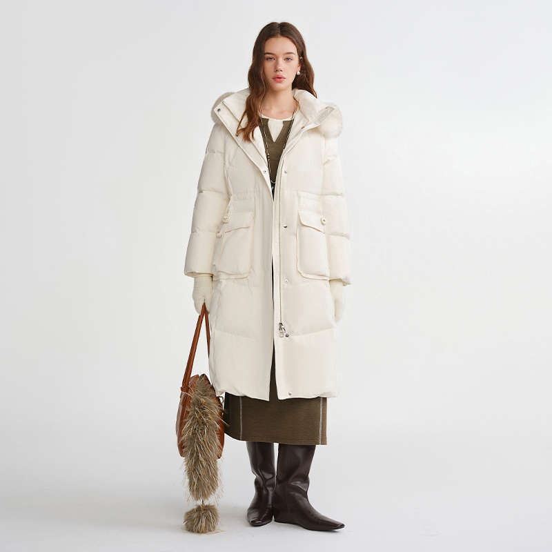 独束大码女装【雪顶羽绒】狐狸毛连帽中长款羽绒服外套25DS84019