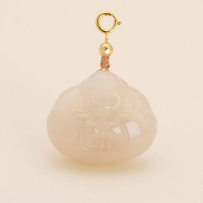 【澄澄珠宝】和田玉藕粉抱抱佛吊坠+18k金镶嵌 精美气质