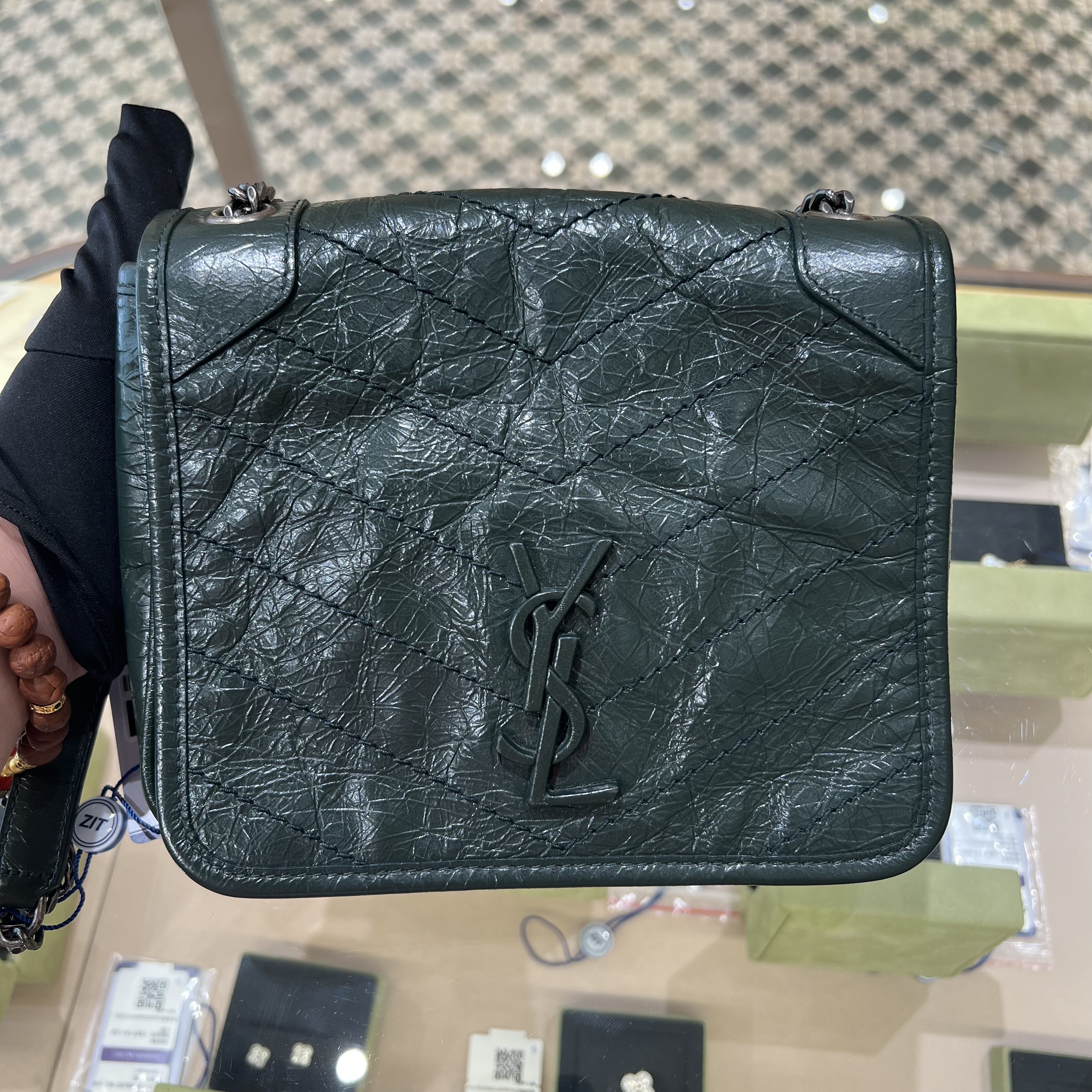 95新 YSL/圣罗兰 niki mini墨绿色银链Logo 斜挎包单肩包