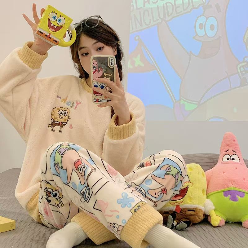 法兰绒冬款海绵宝宝加厚保暖睡衣家居服套装