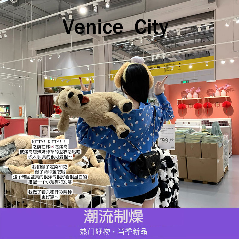 【文鹿鹿】2025新款小众设计师蓝色卡通印花时尚个性潮流连帽卫衣