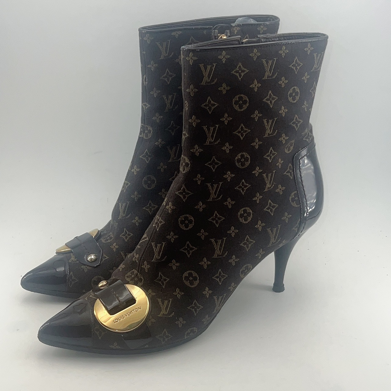 95新 LouisVuitton/路易威登 37码/lv/金扣牛津布高跟靴