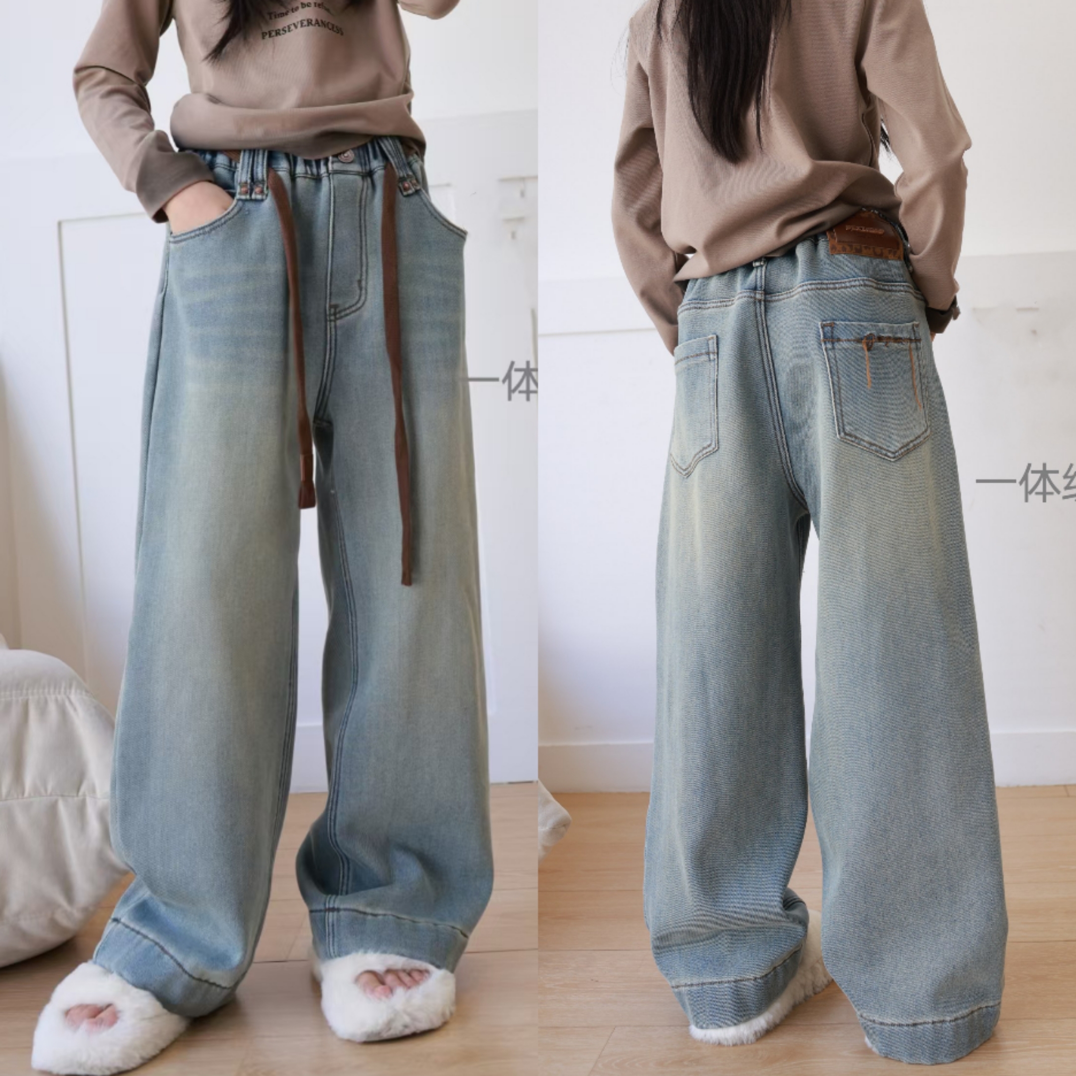 女童牛仔阔腿裤加绒2390冬天一体绒加厚牛仔裤浅色长裤直筒阔腿裤