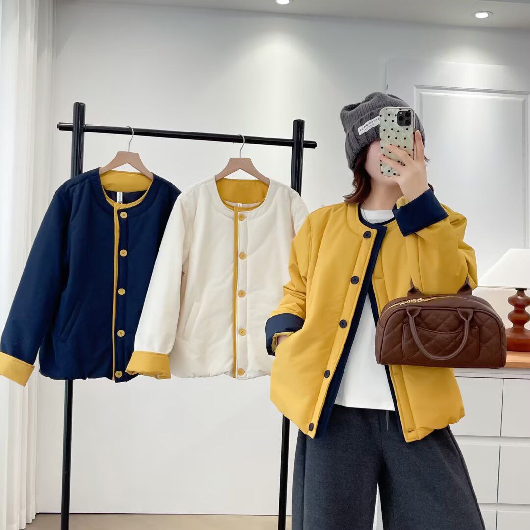 大码女装胖mm韩版撞色高级圆领棉服时尚二棉新款冬季外套洋气棉袄